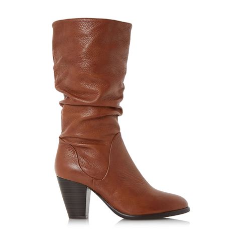 Dune Rossy Slouchy Leather Pull On Calf Boots In Brown Tan