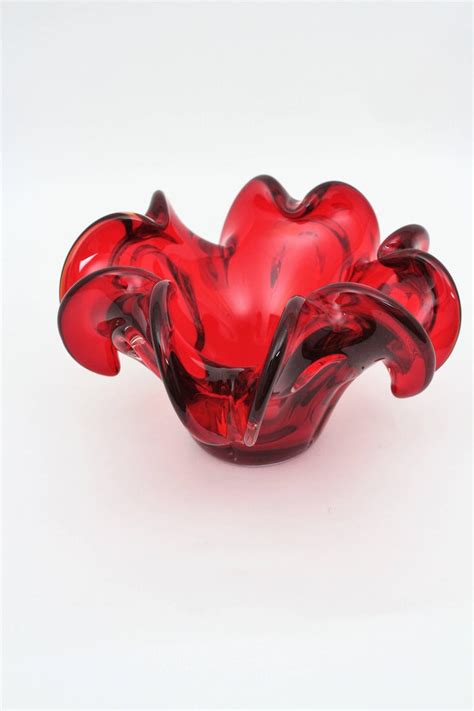 Italian Midcentury Red Handblown Murano Art Glass Flower Bowl Or