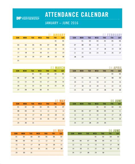 Free 8 Sample Attendance Calendar Templates In Pdf Ms Word