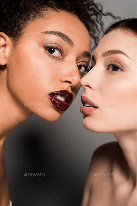 Portrait Of Naked Multicultural Girls With Perfect Skin On Grey Stock