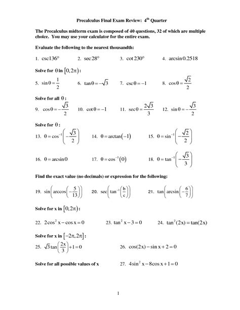 12 Best Images Of Pre Calculus Worksheets