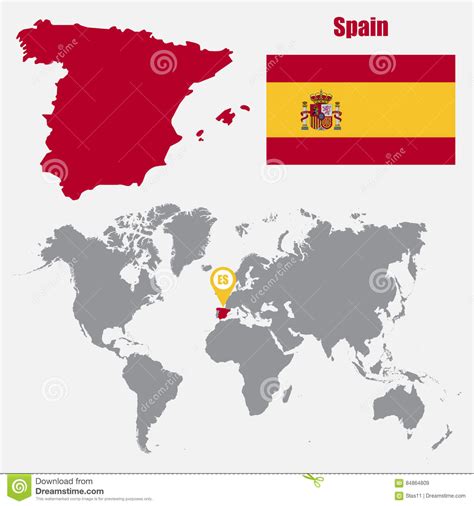 Mapa Da Espanha Em Um Mapa Do Mundo Com O Ponteiro Da Bandeira E Do