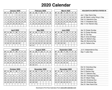Printable Year 2020 Calendar Wiki Calendarcom