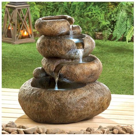 Cascading Rock Steps Lighted Fountain Fountains Outdoor Water