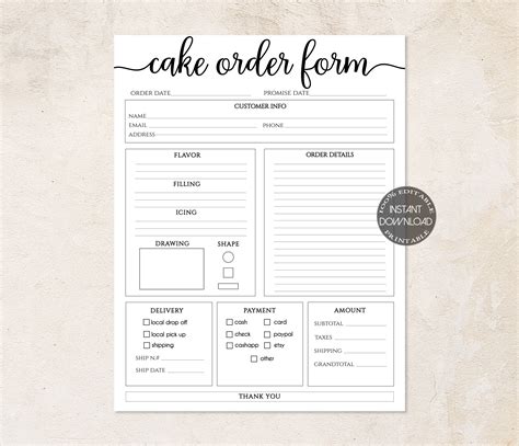 Cake Order Form Editable Order Forms Template Printable Etsy Ireland