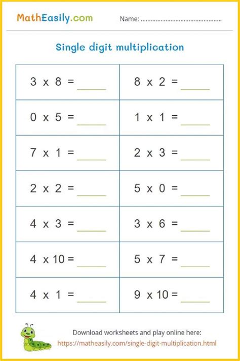 Printable Multiplication Single Digit Worksheet Class Playground Math