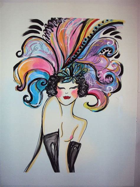 Burlesque Dancer Feather Headdress Watercolor Portrait Original