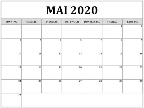 Kalender 2020 Mai Mit Feiertagen