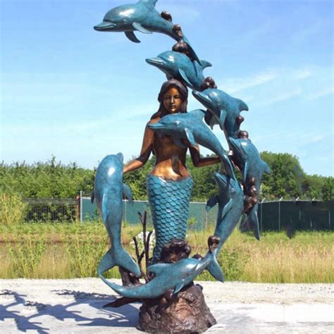 Mermaid With Dolphin Sculpture Metal Decor Garden Art Sculpture