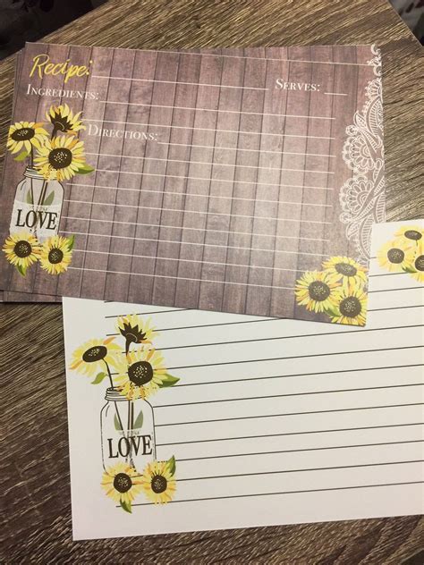 Sunflower Recipe Cards (5x7 inches), Recipe box refill | Recipe cards 5x7, Recipe cards, Recipe box