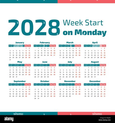 Simple 2028 Year Calendar Week Starts On Monday Stock Vector Image