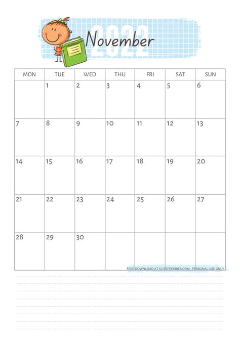 November 2022 Kids Calendar Printable Cute Freebies For You