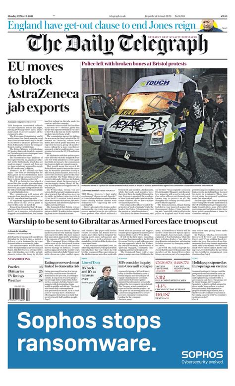 Daily Telegraph Front Page 22nd Of March 2021 Tomorrows Papers Today