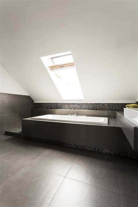 Ascetic Attic Bathroom With Bathtub Stock Photo Image Of Mosaic
