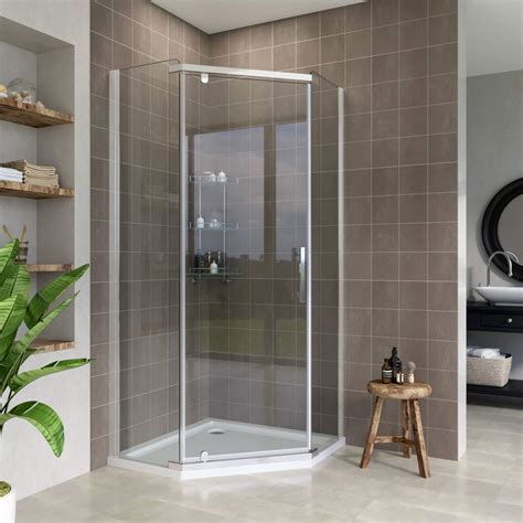 elegant 900x900mm semi frameless pivot pentagonal shower enclosure with tray 8mm tempered glass