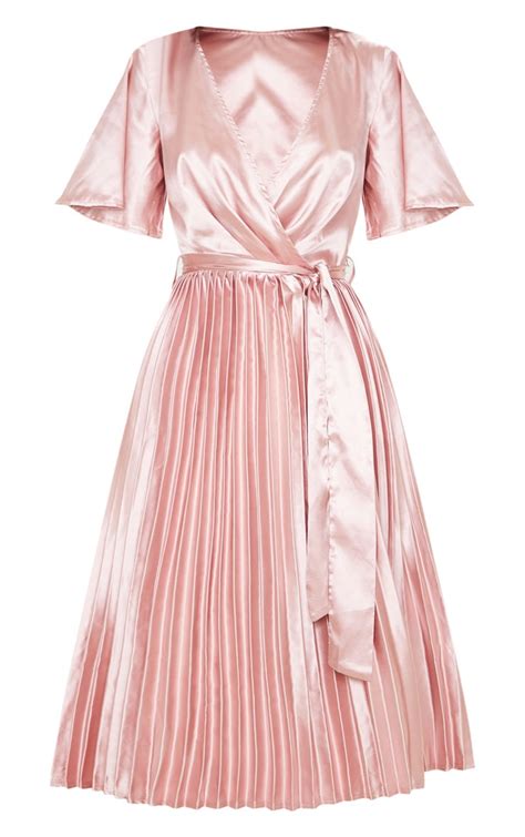 Mairee Pink Satin Pleated Midi Dress Prettylittlething Usa
