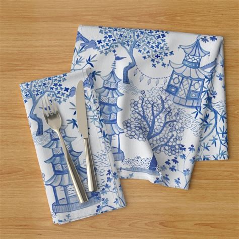 Chinoiserie Dinner Napkins Set Of 2 Pagoda Forest In Blues Etsy