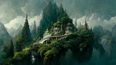 Fantasy Landscapes Elven Home In The Mountains Digital Print Screen