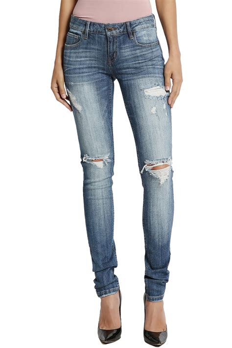 Themogan Women S Distressed Destructed Ripped Low Rise Med Blue Skinny Jeans Walmart Com