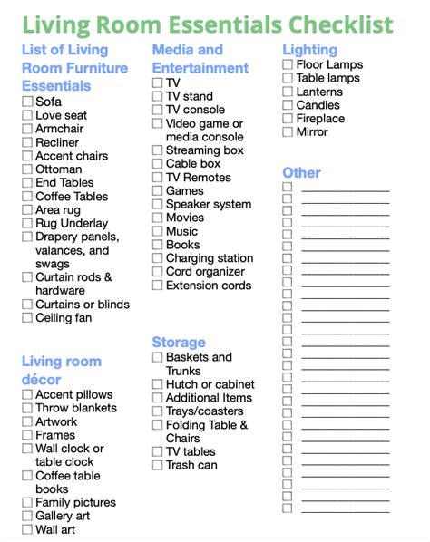 The Living Room Essentials Checklist Is Shown In This Printable List