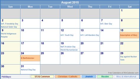 August 2015 Calendar With Holidays For Printing Picture Format