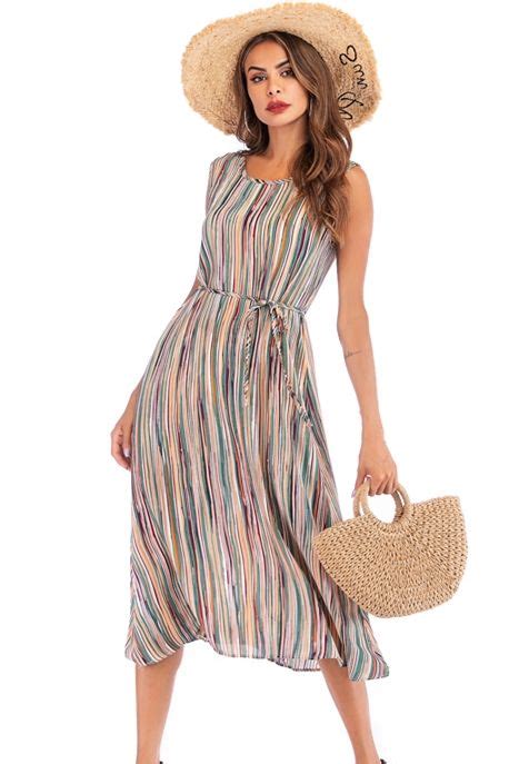 Colorful Striped Summer Dress With Tie Waist In 2020 Striped Dress