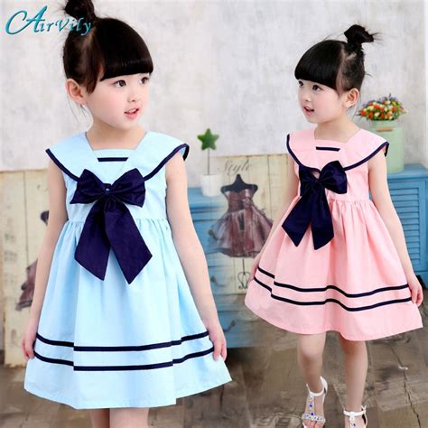 Children Girls Dress Bowknot Kids Sailor Dresses Sleeveless Cotton