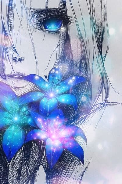 Colors Tear Art Draw Girl Anime Flowers Blue Purple Gre