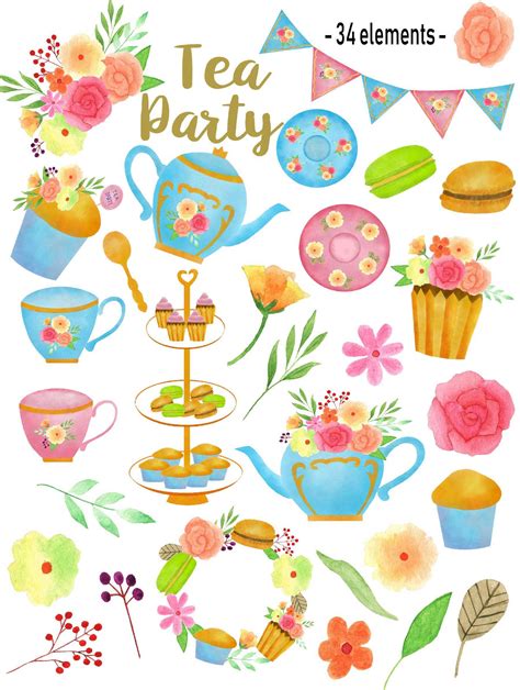 Flower Tea Party Clip Art Watercolor Tea Party Clip Art Etsy