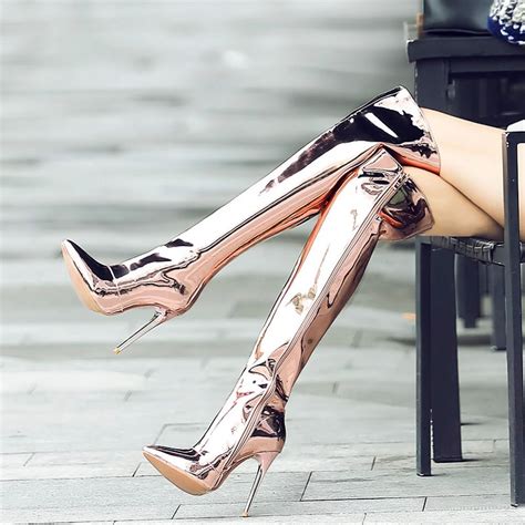 Women Shiny Leather Over The Knee Boots Sexy Thin High Heel Boots Pointed Toe Zipper Winter