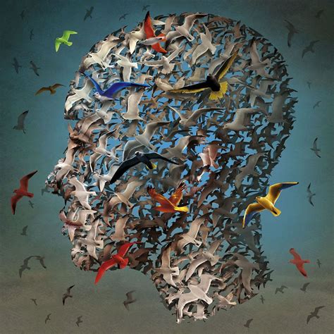 A Mans Head With Birds Flying Around It