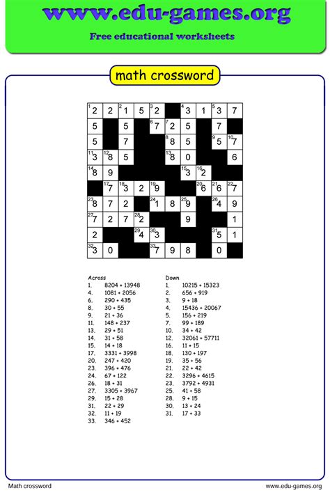 Math Crossword Puzzles With Answers Pdf Maths For Kids