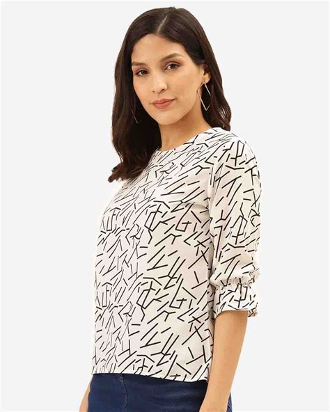 Buy Style Quotient Women White And Black Abstract Print Regular Top