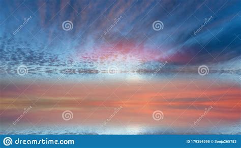 Sunset At Sea On Cloudy Sky Blue Pink Clouds Skyline Water Sea