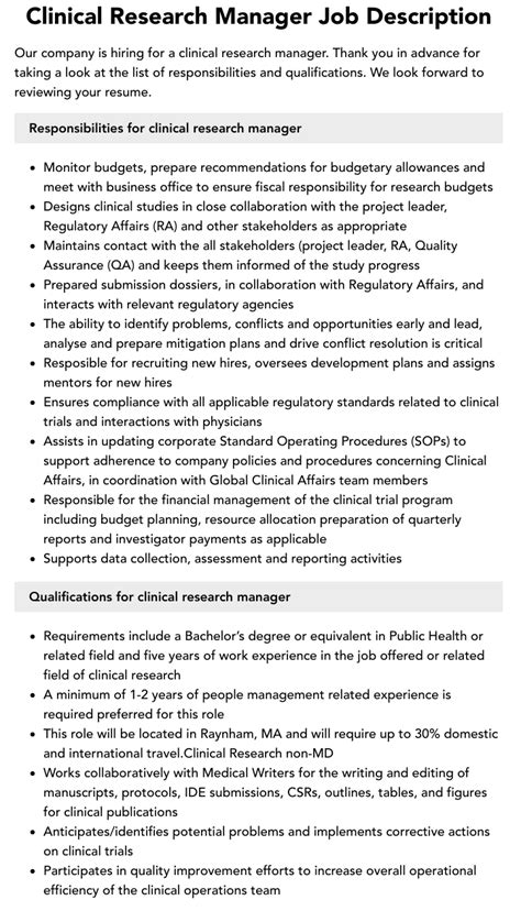 Clinical Research Manager Job Description Velvet Jobs