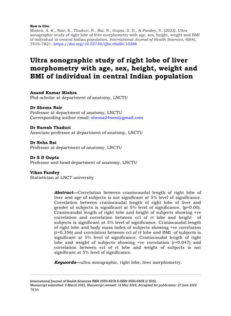 Pdf Ultra Sonographic Study Of Right Lobe Of Liver Morphometry With