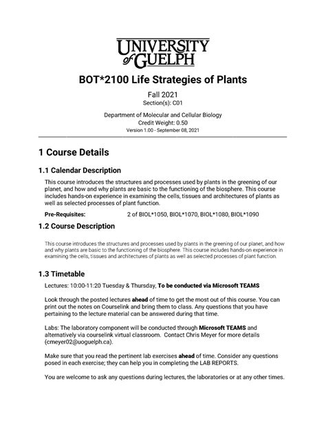 Bot 2100 Course Outline Bot2100 Life Strategies Of Plants Fall 2021