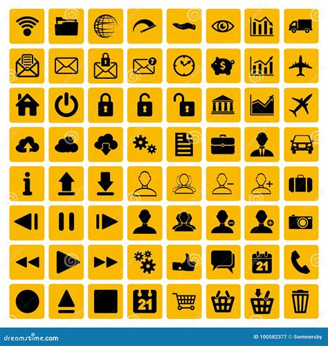 Yellow Set Of Black Flat Web Multimedia And Business Icons On A Stock