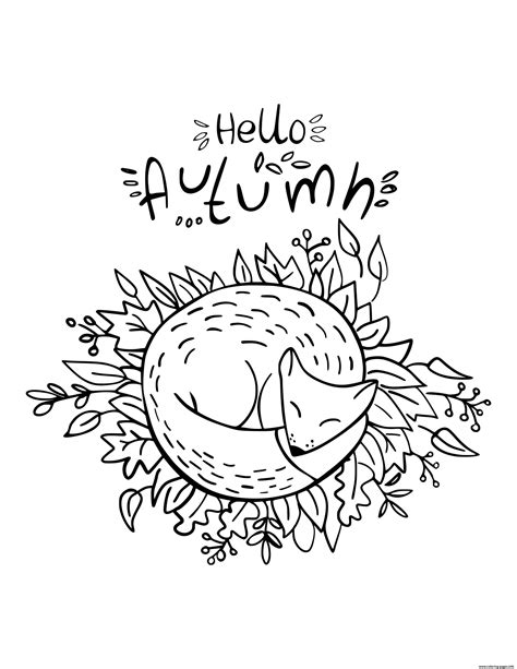 Fall Hello Autumn Fox Sleeping In Leaves Coloring Page Printable