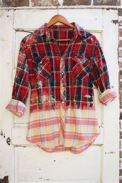 Large Distressed Flannel Upcycle Shirt Bleached Flannel Shirt