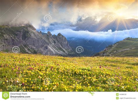Foggy Summer Sunrise In The Italian Alps Dolomites Mountains I Stock