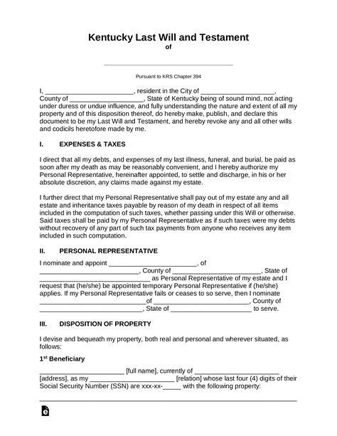 Free Kentucky Last Will And Testament Template Pdf Word Eforms