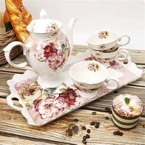 Fanquare 8 Pieces British Porcelain Tea Sets Red Flower Vintage China Coffee Set Tea Service For