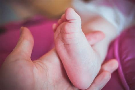 Pies De Bebé En Manos De La Madre Mamá Y Su Hijo Pequeños Pies De