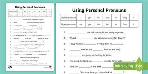 Pronoun worksheets for grade 2 students. Personal Pronouns Worksheet (teacher made)