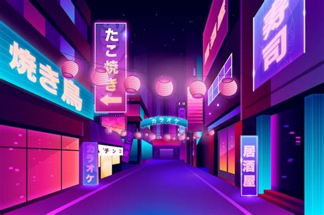 Perspective Of Japanese Street In Neon Lights Free Vector