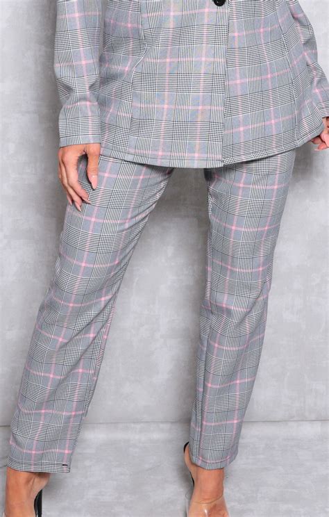 Grey Tartan High Waisted Slim Leg Trousers Trousers Femme Luxe Uk