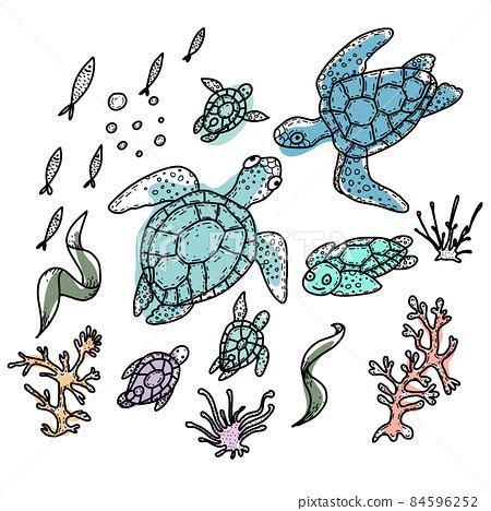 Sea Turtles Hand Drawn Doodle Illustration Stock Illustration