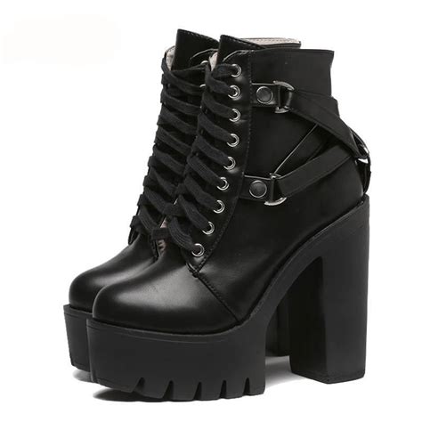 Goth Platform Boots Leather High Heel Boots Black Leather Shoes Shoe
