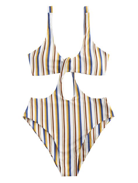 Zaful Ribbed Striped Cutout Trikini Swimsuit Multi One Piece Swimwear White Swimsuit One